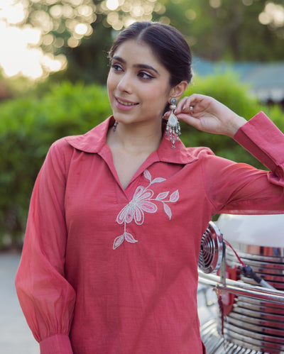 Tool Red Embroidered Chanderi Kurta Set