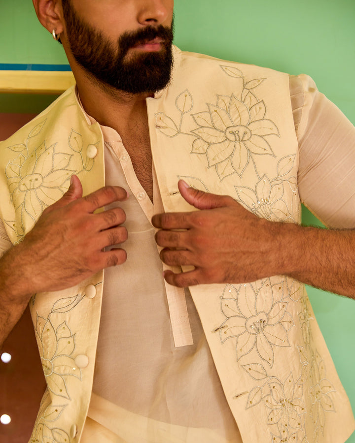 Parag Beige Embroidered Silk Jacket And Kurta Set