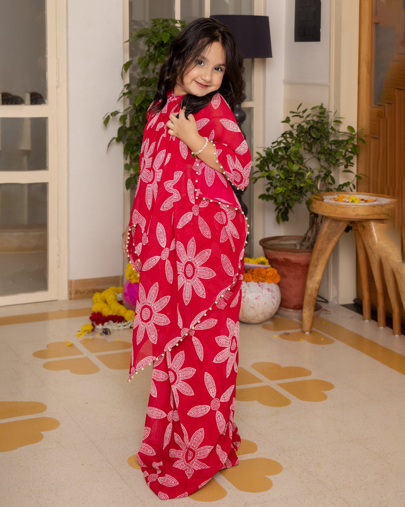 Adaa Pink Bandhani Georgette Pre Draped Saree
