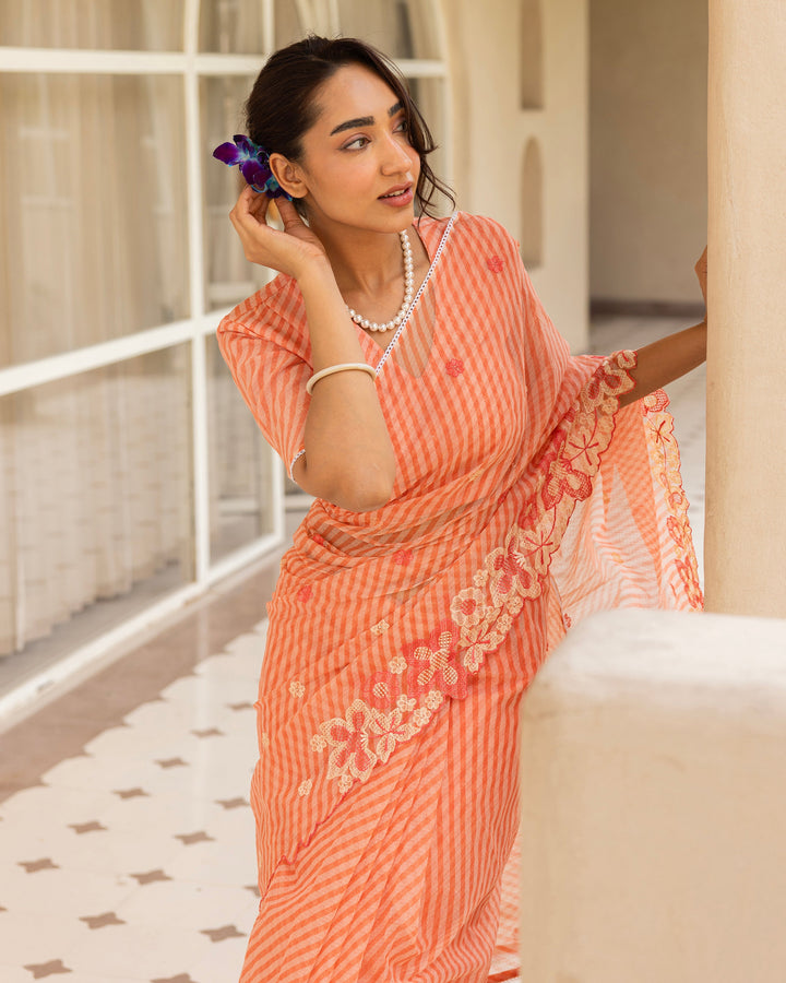 Raya Peach Doria Embroidered Saree