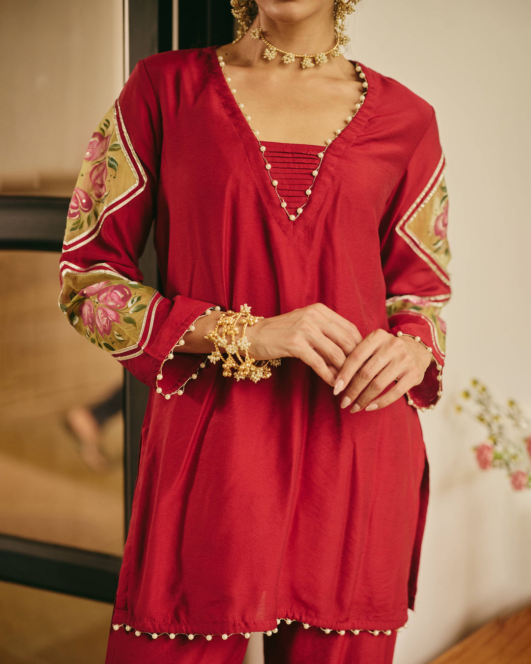 Chitrali Maroon Handpainted Chanderi Coord Set