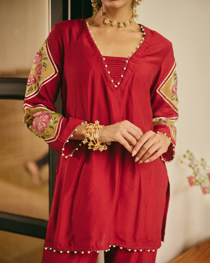 Chitrali Maroon Handpainted Chanderi Coord Set