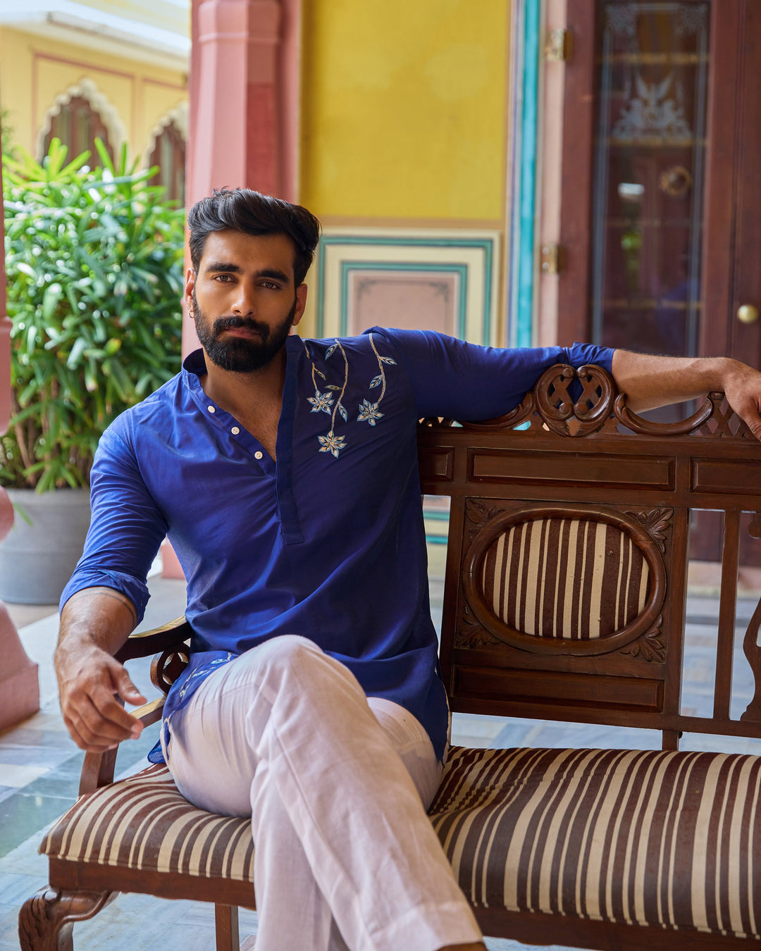 Krish Blue Embroidered Chanderi Kurta