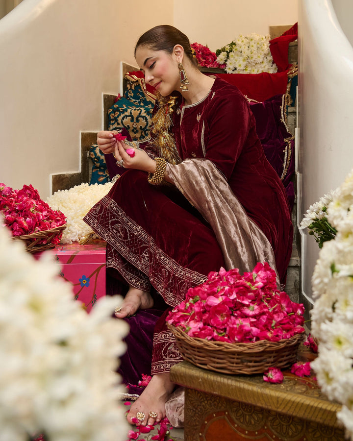 Ivaan Maroon Embroidered Velvet Suit Set
