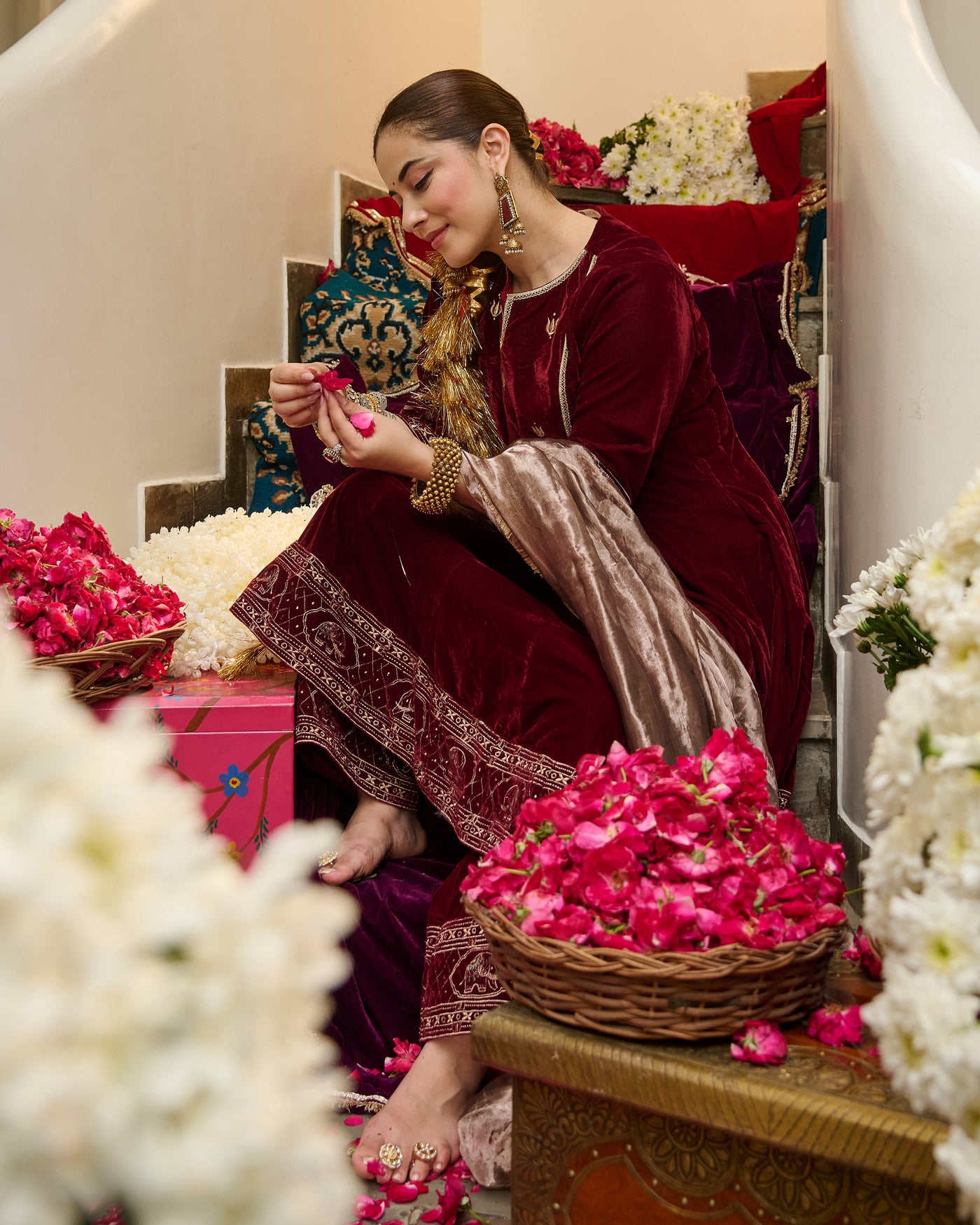 Ivaan Maroon Embroidered Velvet Suit Set