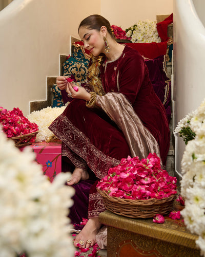 Ivaan Maroon Embroidered Velvet Suit Set