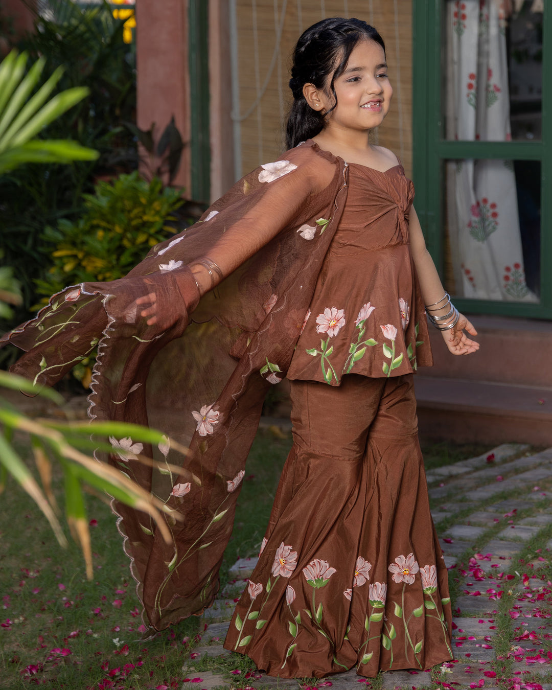 Toffee Brown Handpainted Muslin Sharara Set