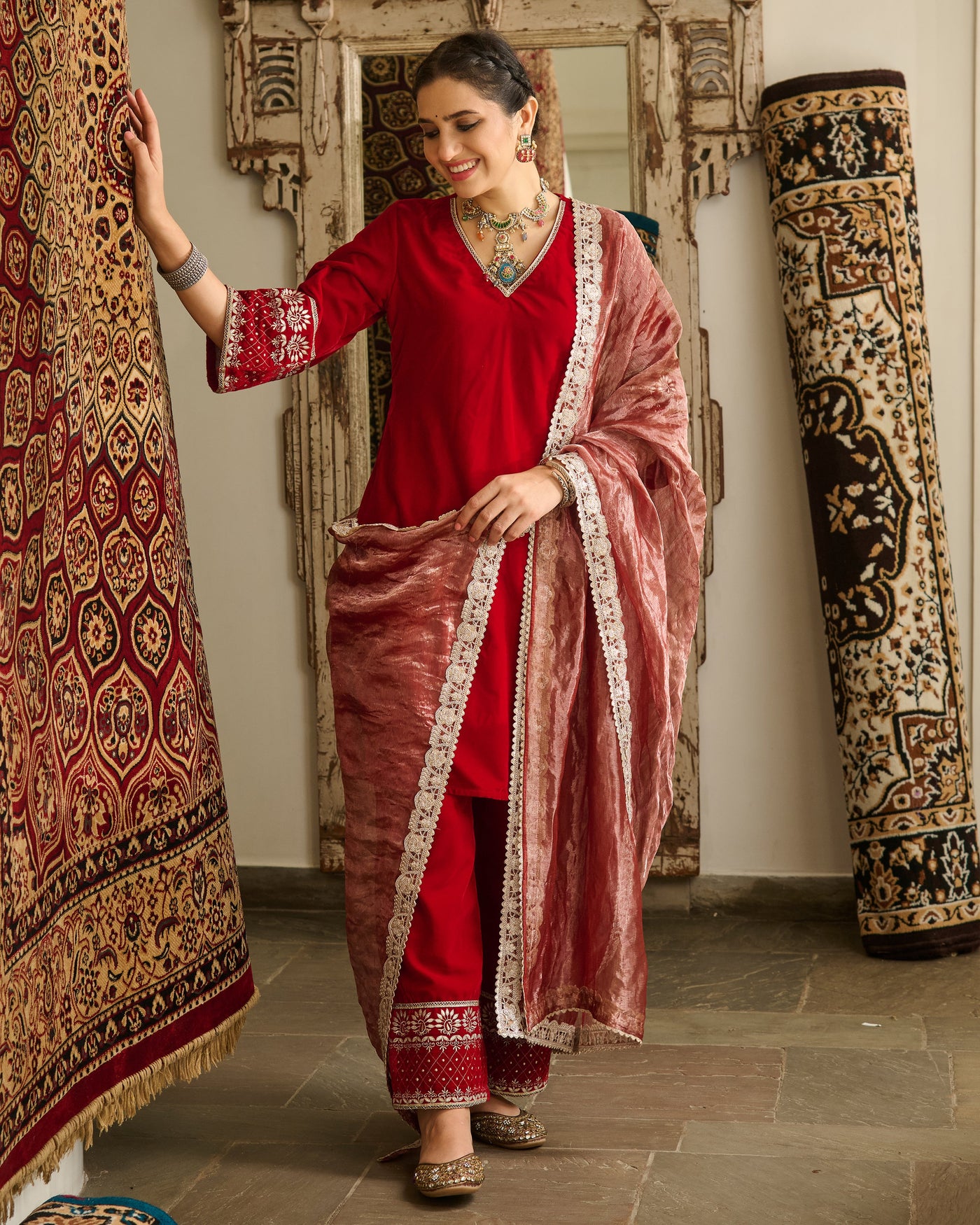 Dariki Red Embroidered Velvet Suit Set