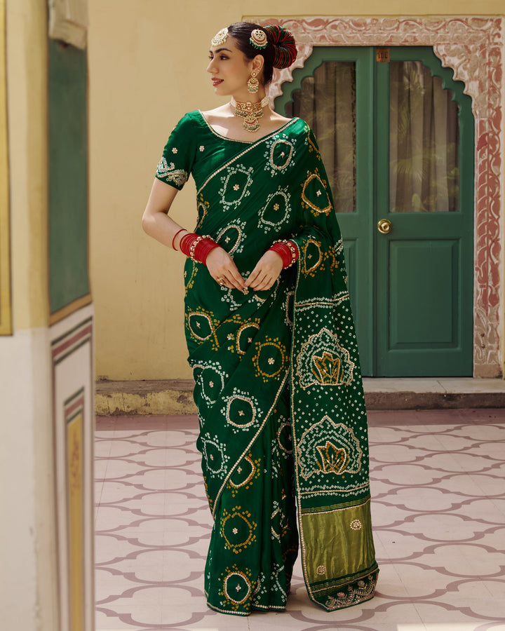 Varsha Green Embroidered Kajol Bandhej Silk Saree