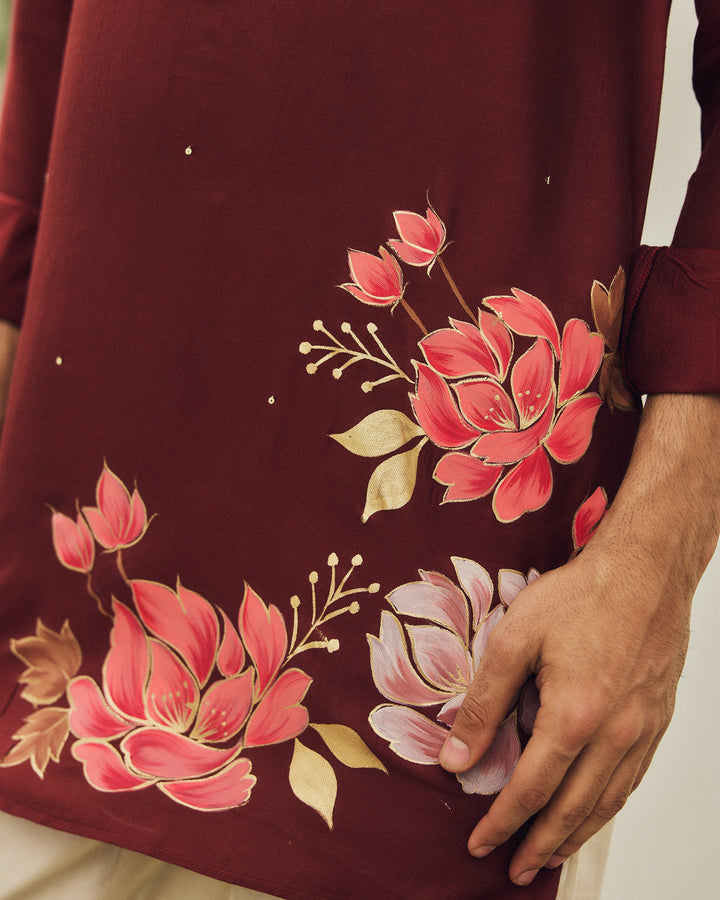 Ehran Brown Handpainted Silk Kurta