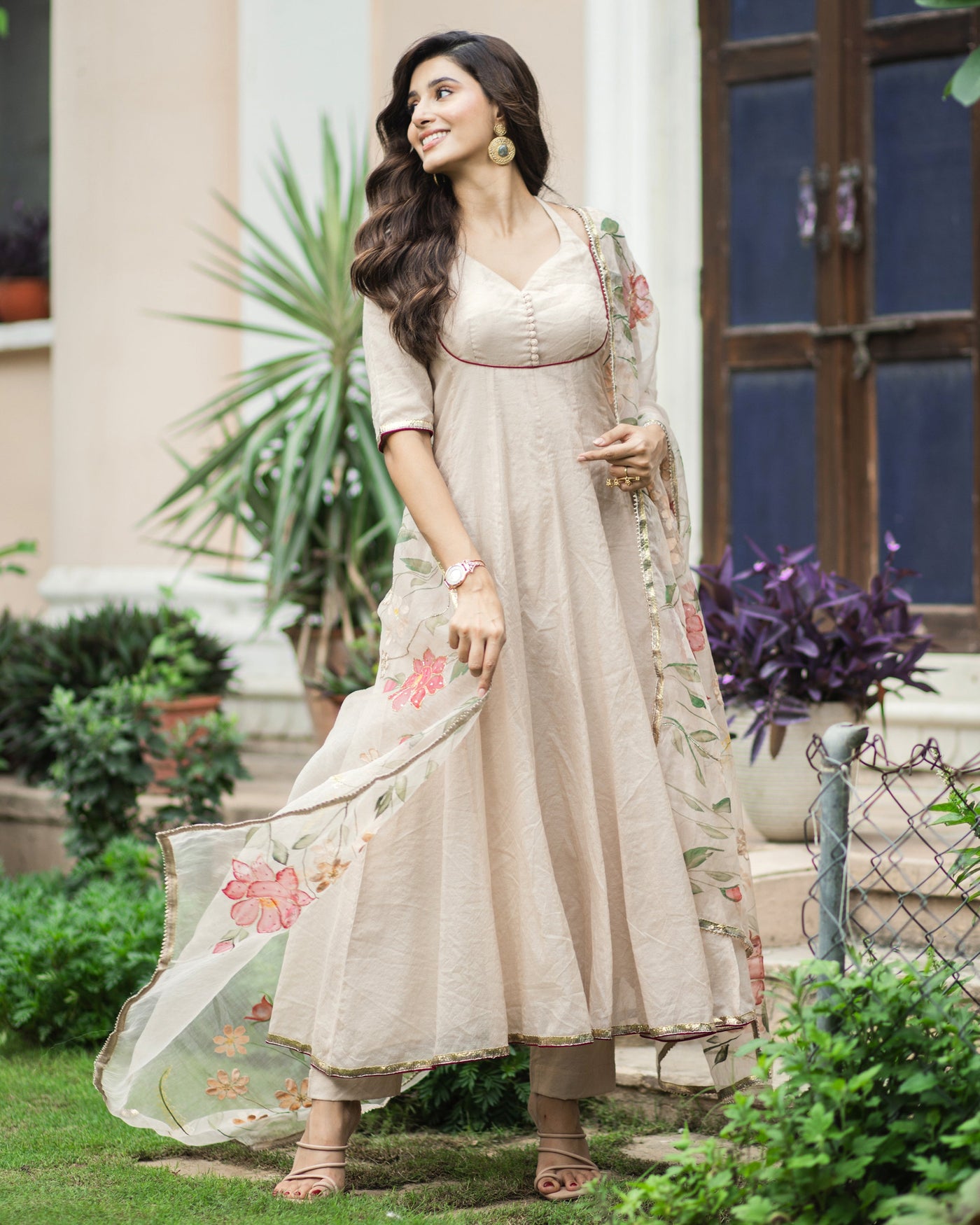 Kamini Beige Handpainted Chanderi Suit Set