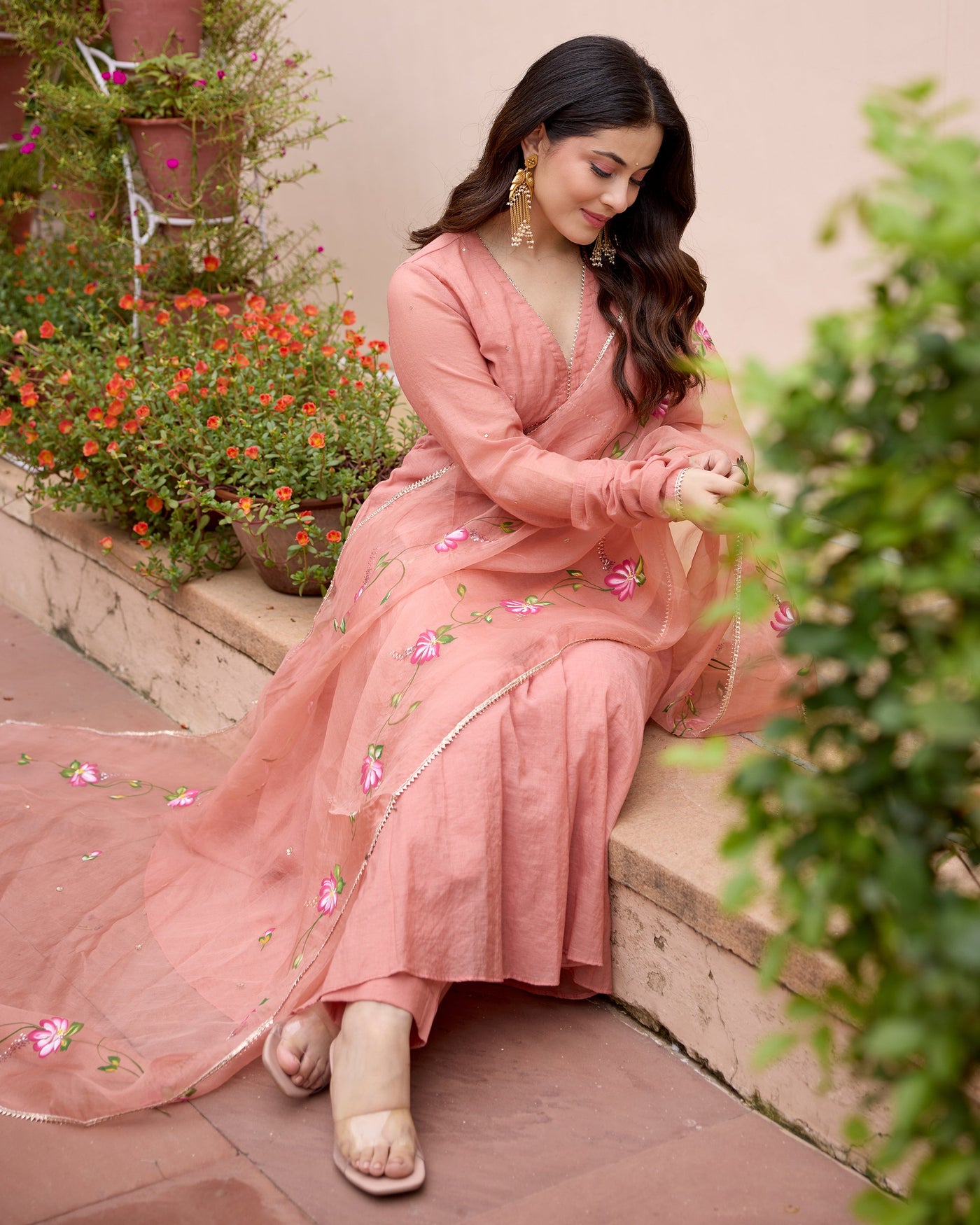 Kunda Peach Handpainted Chanderi Suit Set