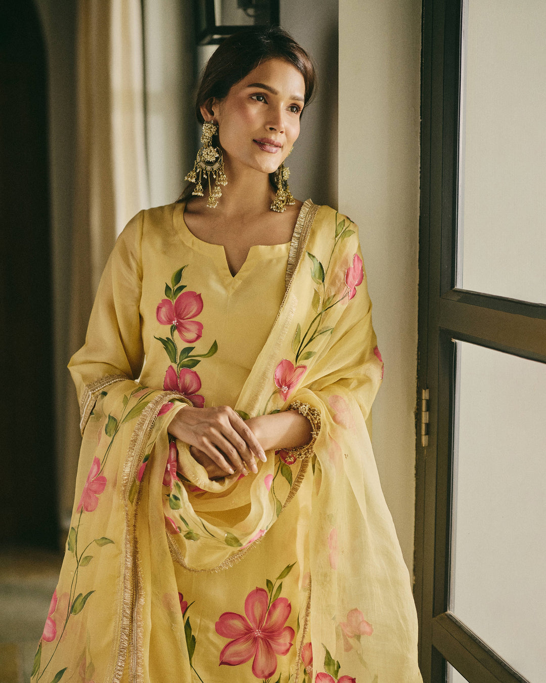 Varnaya Yellow Handpainted Viscose Organza Suit Set