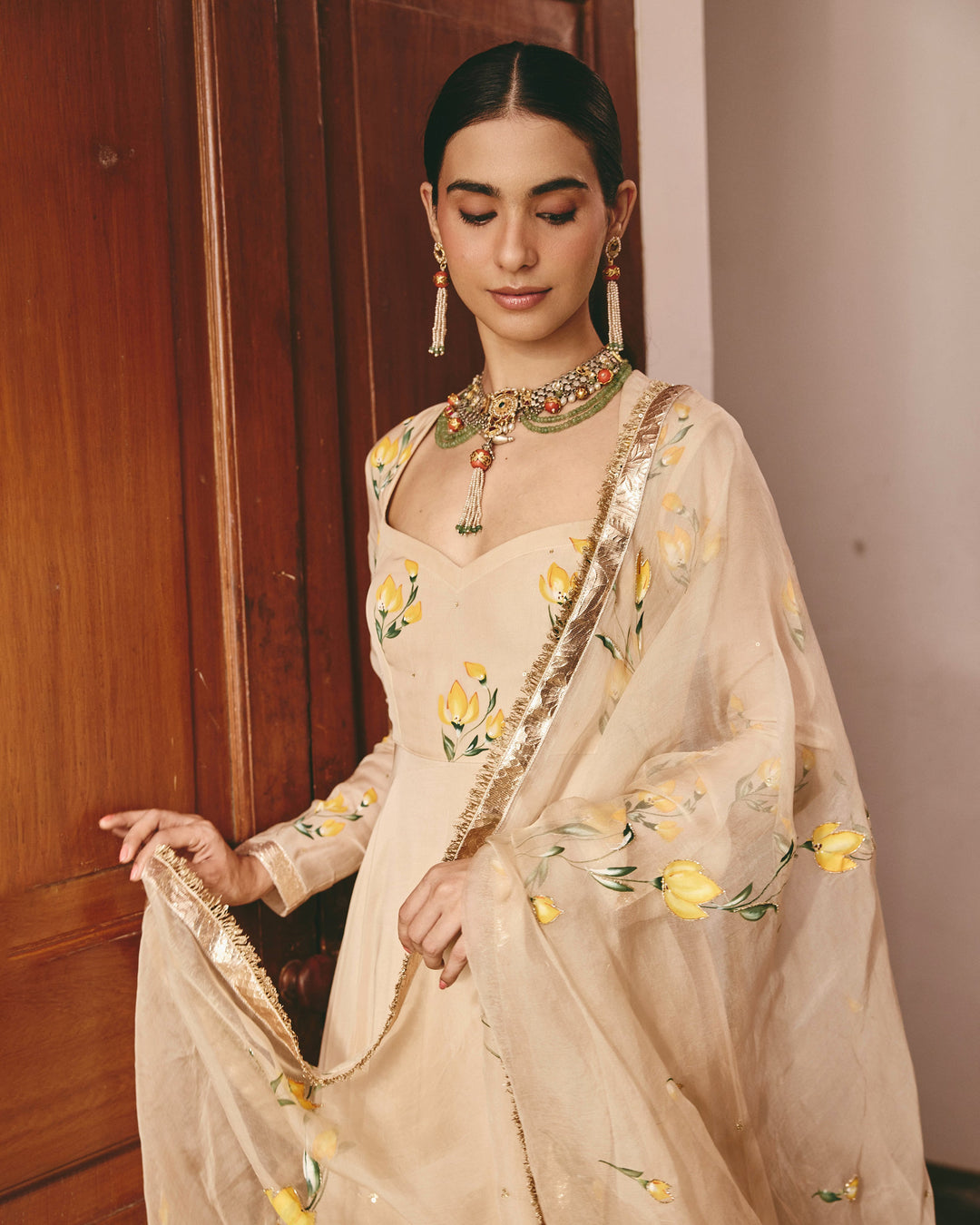 Ayzel Beige Handpainted Viscose Organza Suit Set