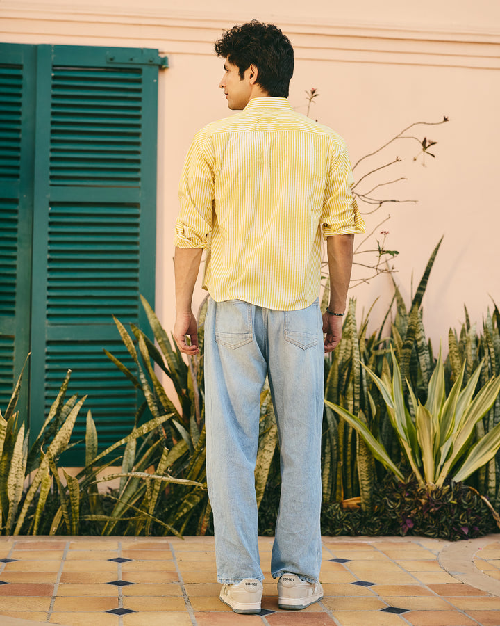 Lio Yellow Cotton Checks Stripes Shirt