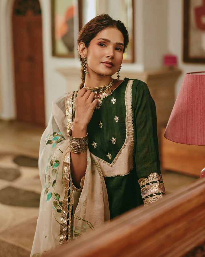 Rangita Green Handpainted Cotton Checks Suit Set
