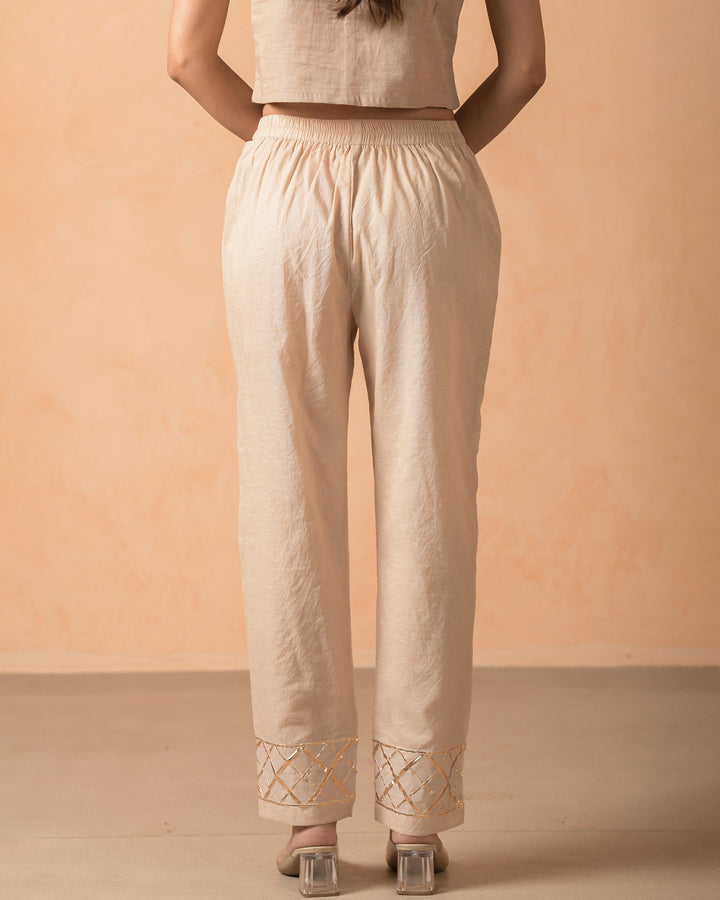 Shafa Beige Chanderi Gotapatti Straight Pants