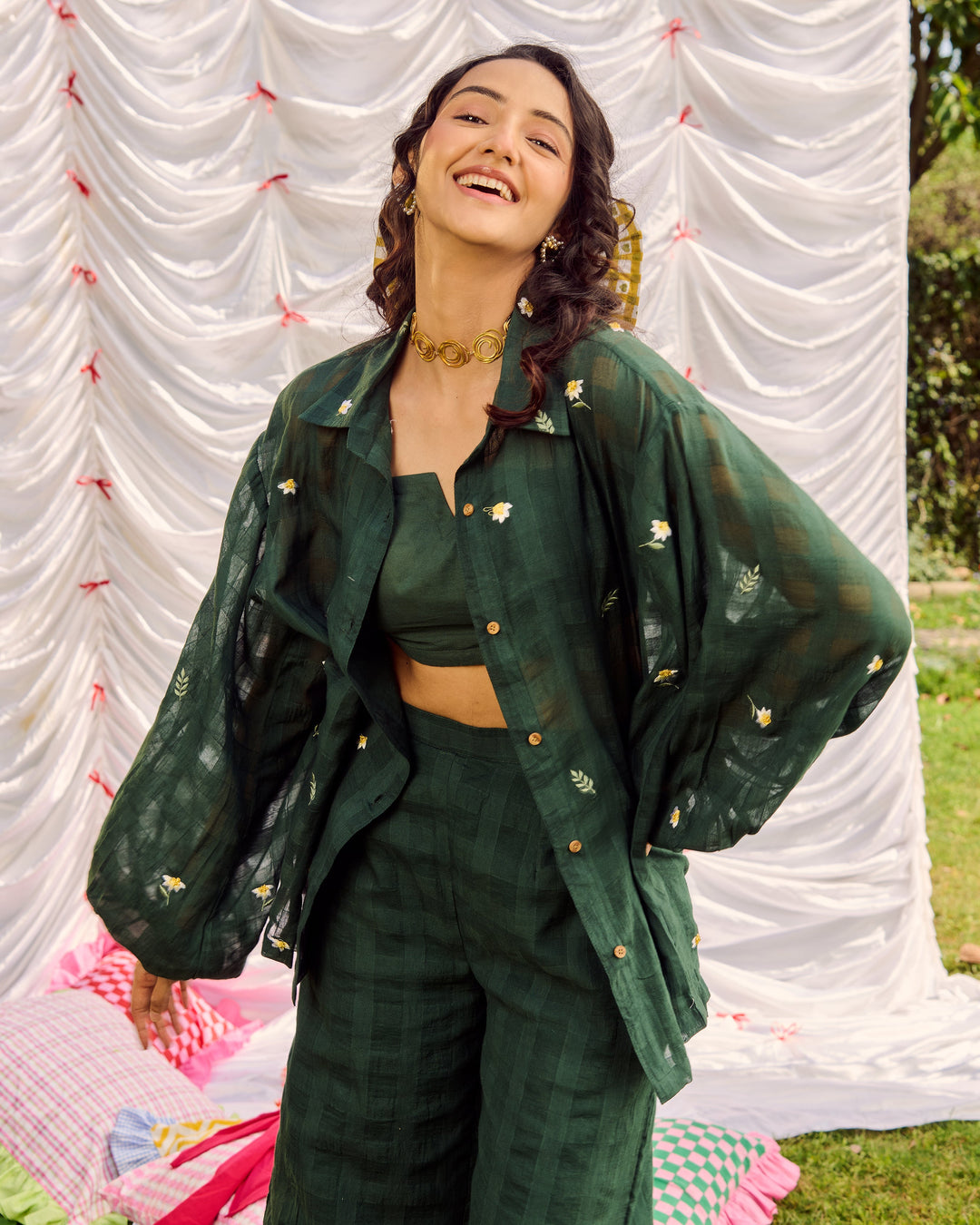 Gina Green Embroidered Cotton Checks Solid Coord Set