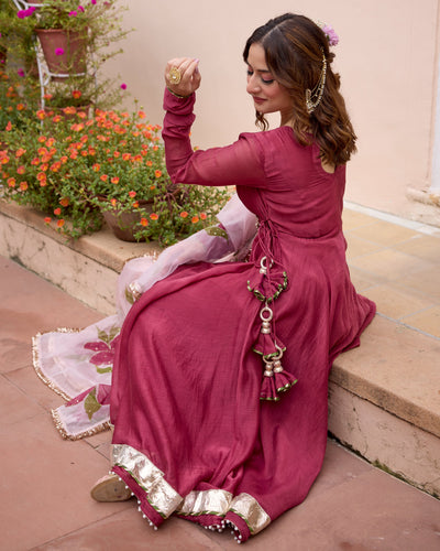 Gulmohar Wine Handpainted Chanderi Suit Set