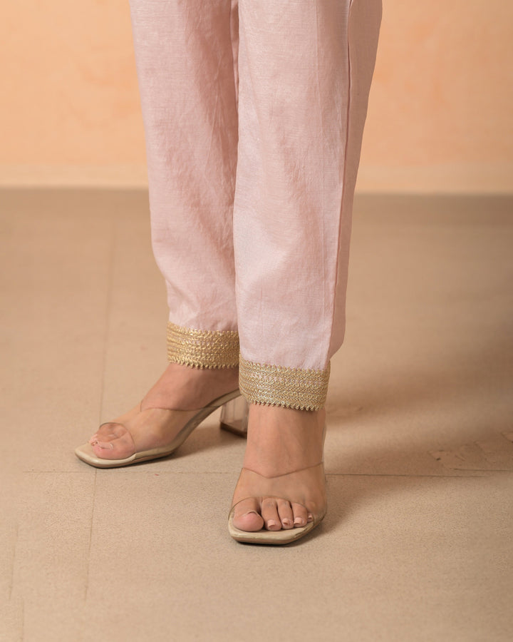 Arovi Pink Chanderi Solid Straight Pants
