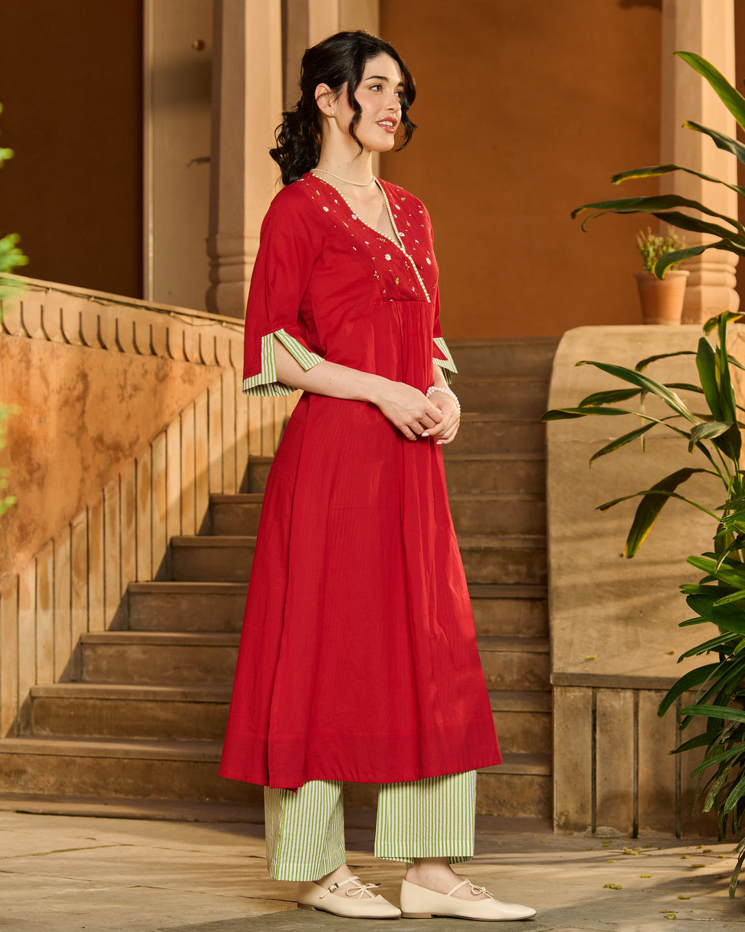 Alix Red Embroidered Cotton Kurta Set