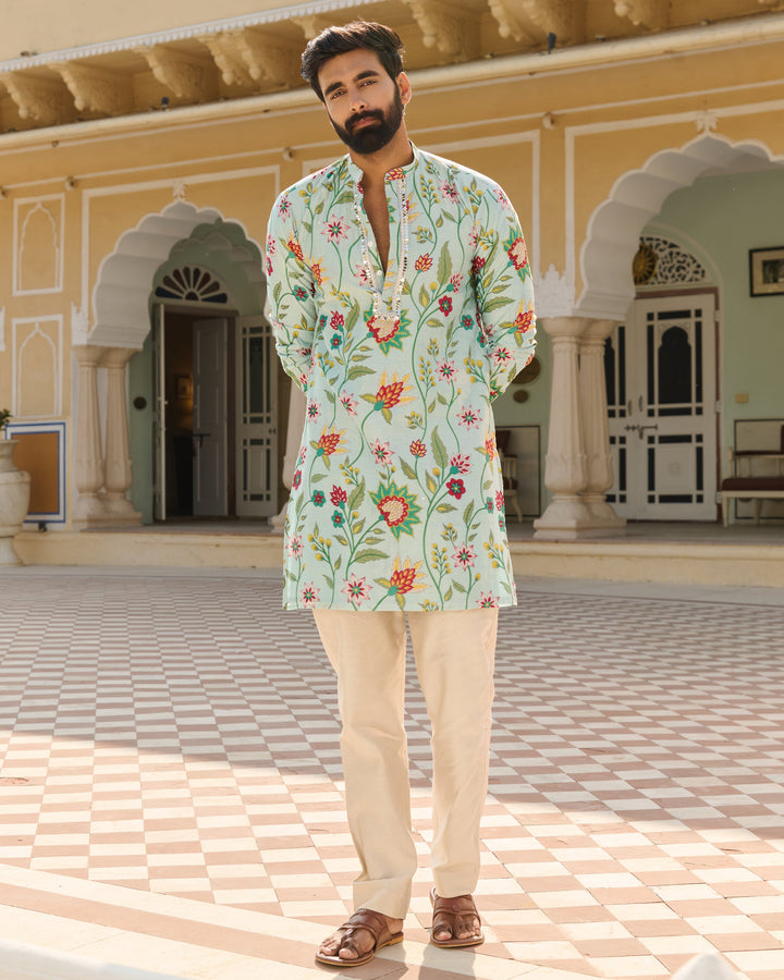 Mihir Blue Printed Chanderi Kurta