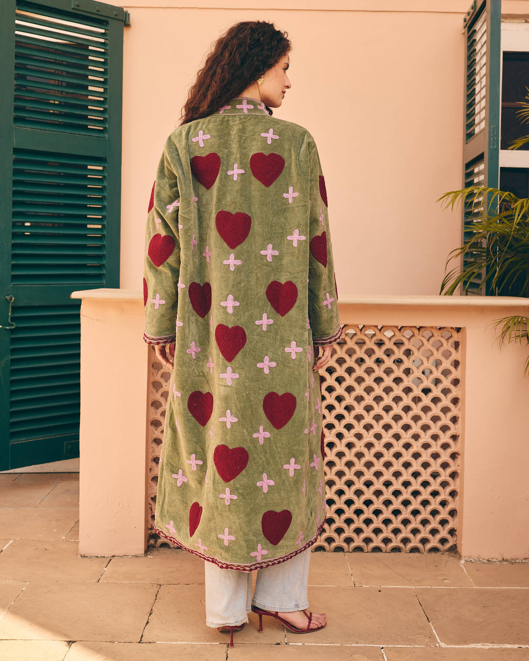 Verdant Sage Green Velvet Suzani Jacket