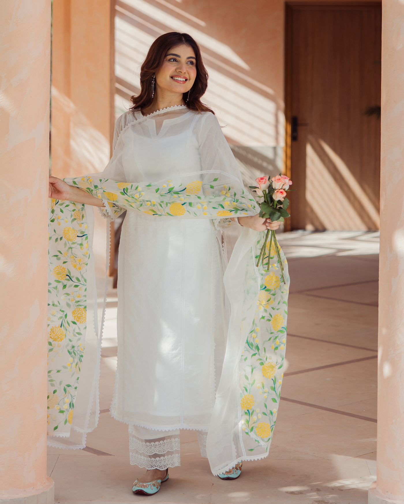 Swirl Off White Handpainted Chanderi Suit Set