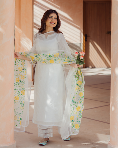 Swirl Off White Handpainted Chanderi Suit Set