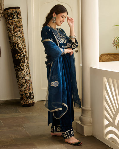 Jai Blue Embroidered Velvet Suit Set