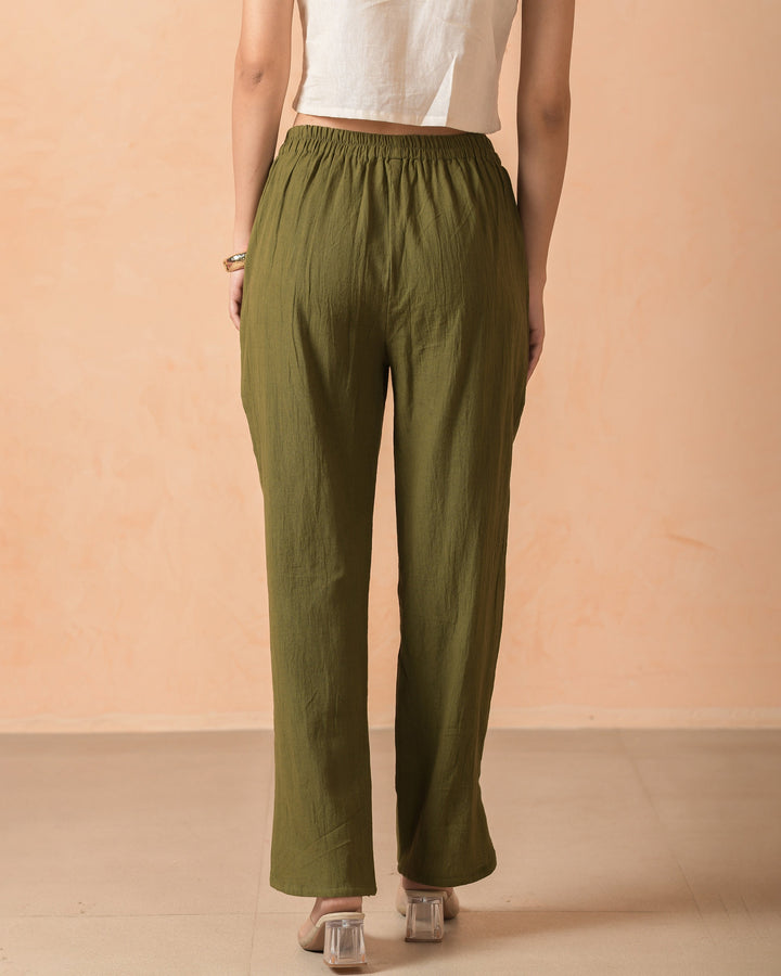 Aruvi Olive Flex Solid Straight Pants