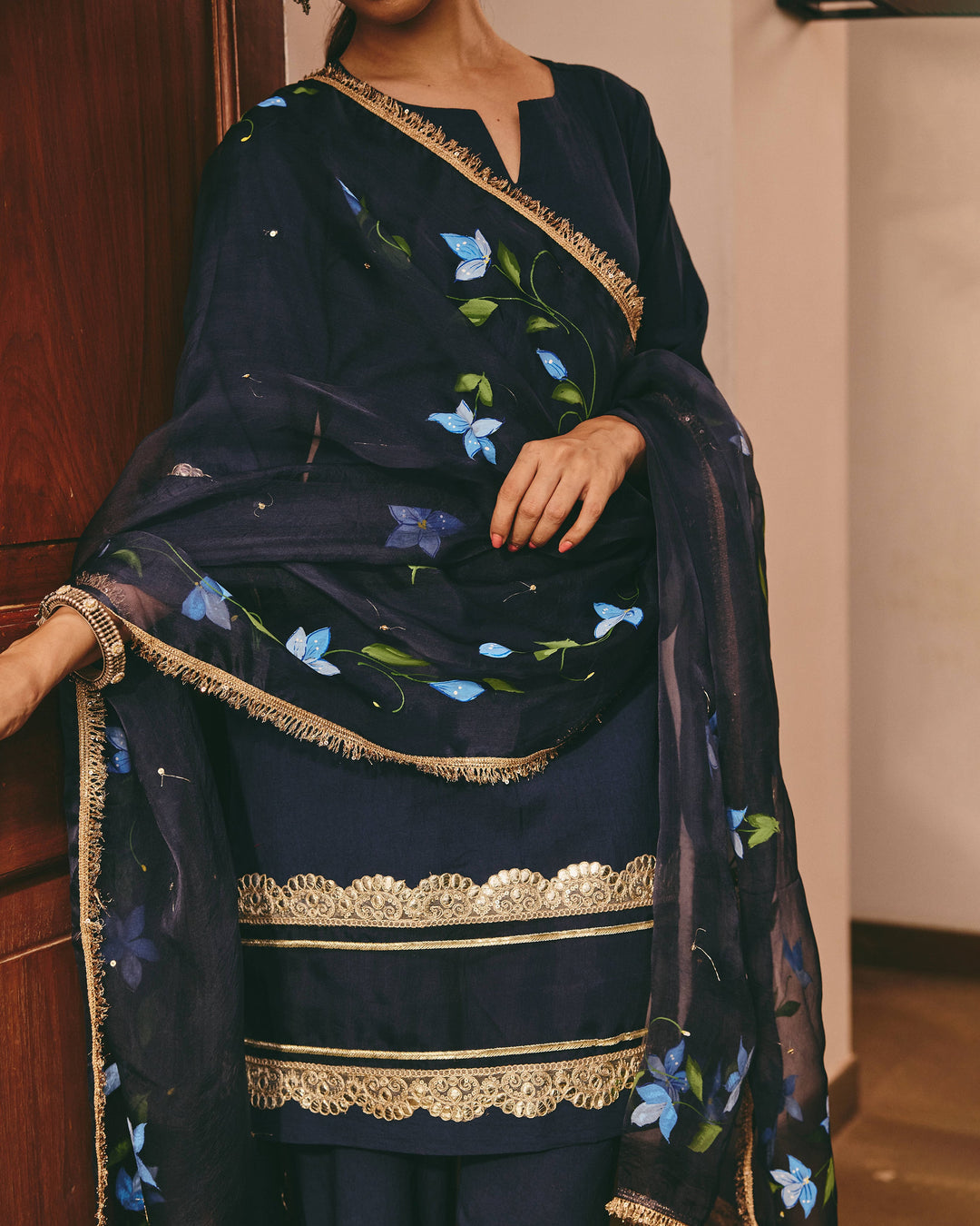 Lace Blue Handpainted Cotton Suit Set