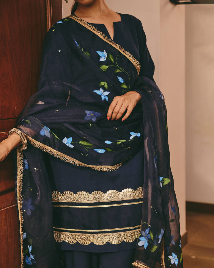 Lace Blue Handpainted Cotton Suit Set