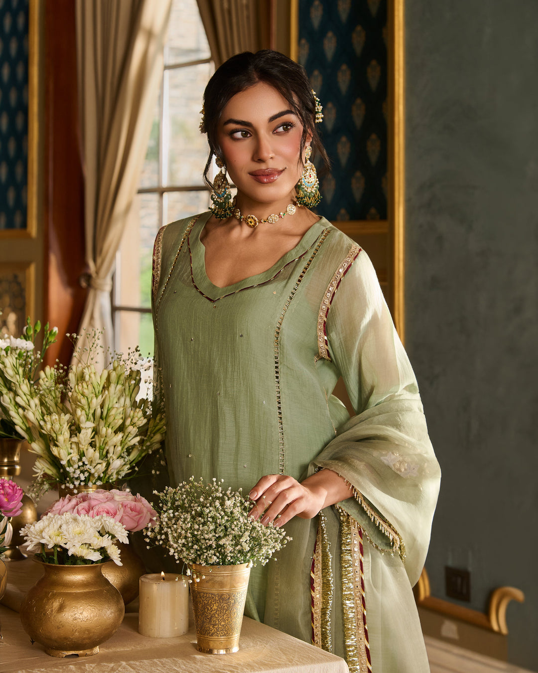 Prabhira Sage Green Embroidered Chanderi Suit Set