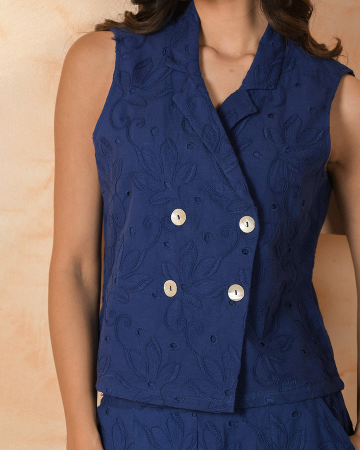 Quartz Blue Solid Cotton Schiffli Coord Set