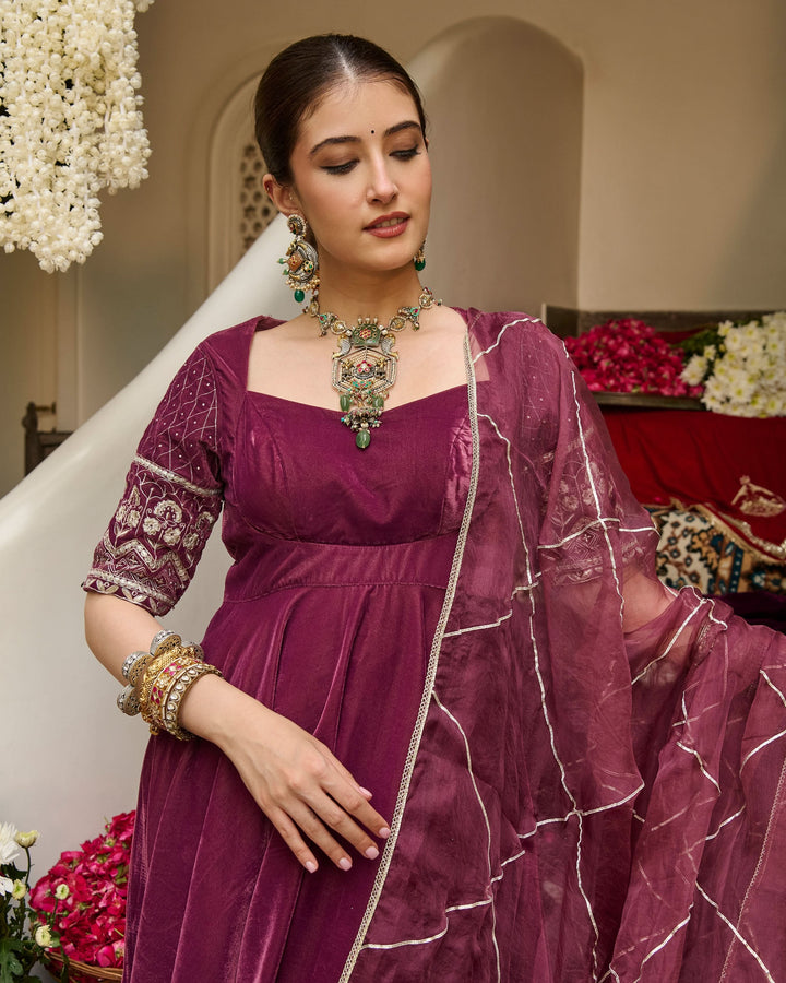 Terri Mauve Embroidered Velvet Suit Set
