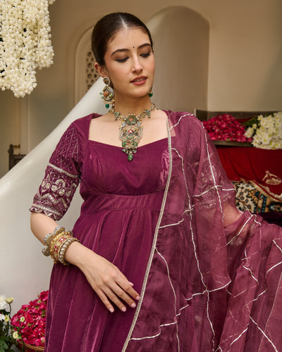 Terri Mauve Embroidered Velvet Suit Set