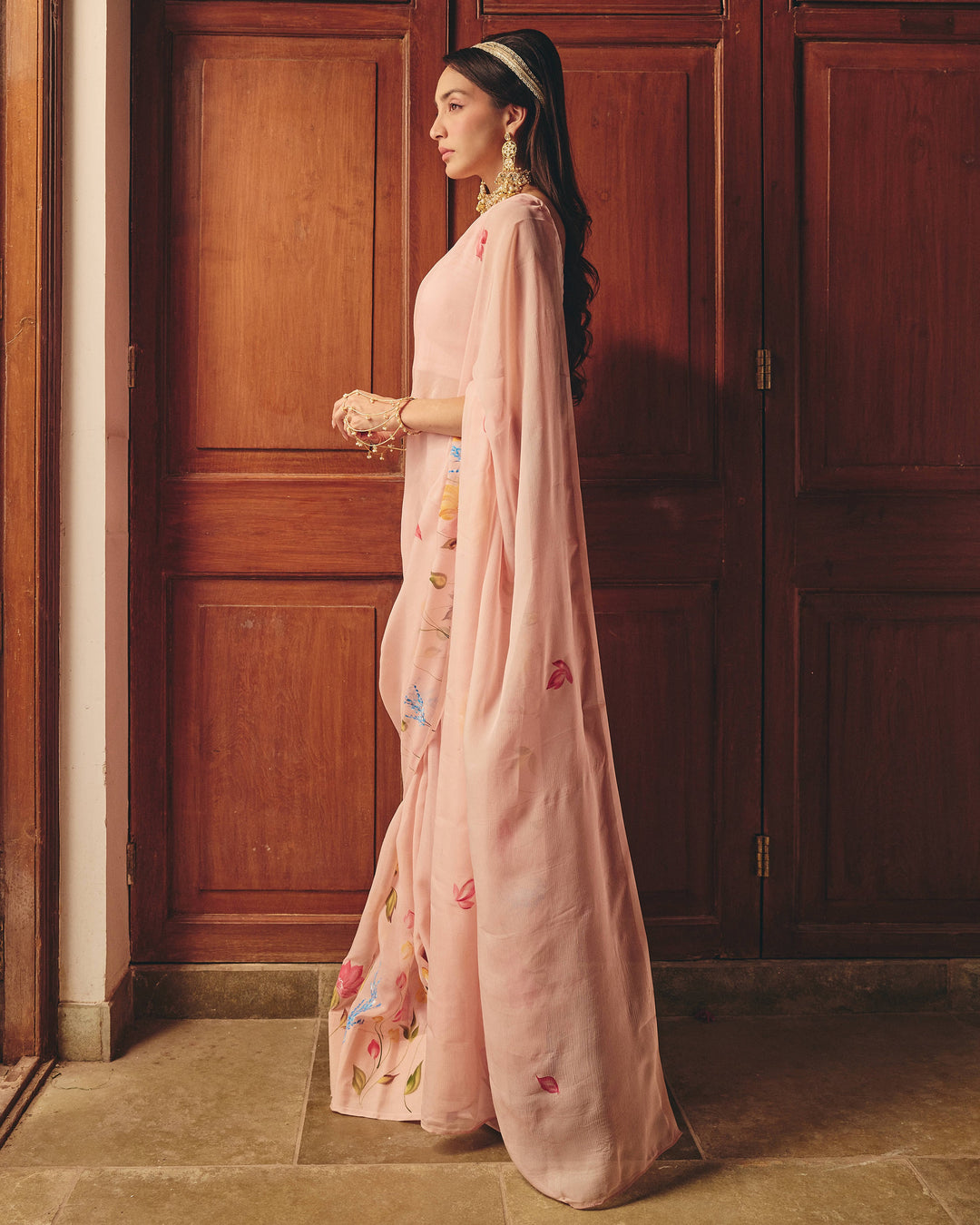 Vana Rose Pink Handpainted Chiffon Saree
