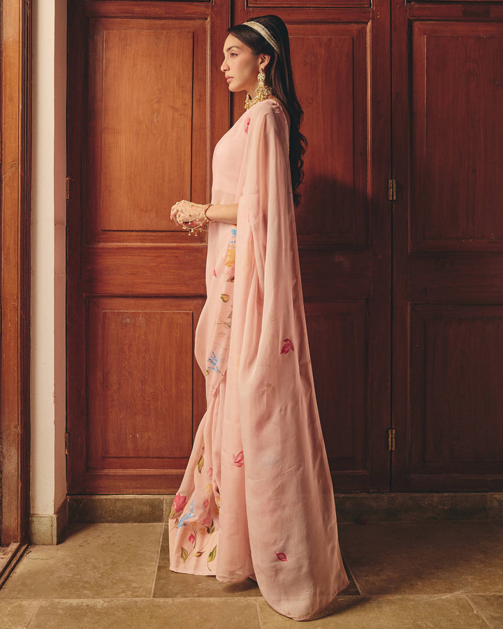 Vana Rose Pink Handpainted Chiffon Saree