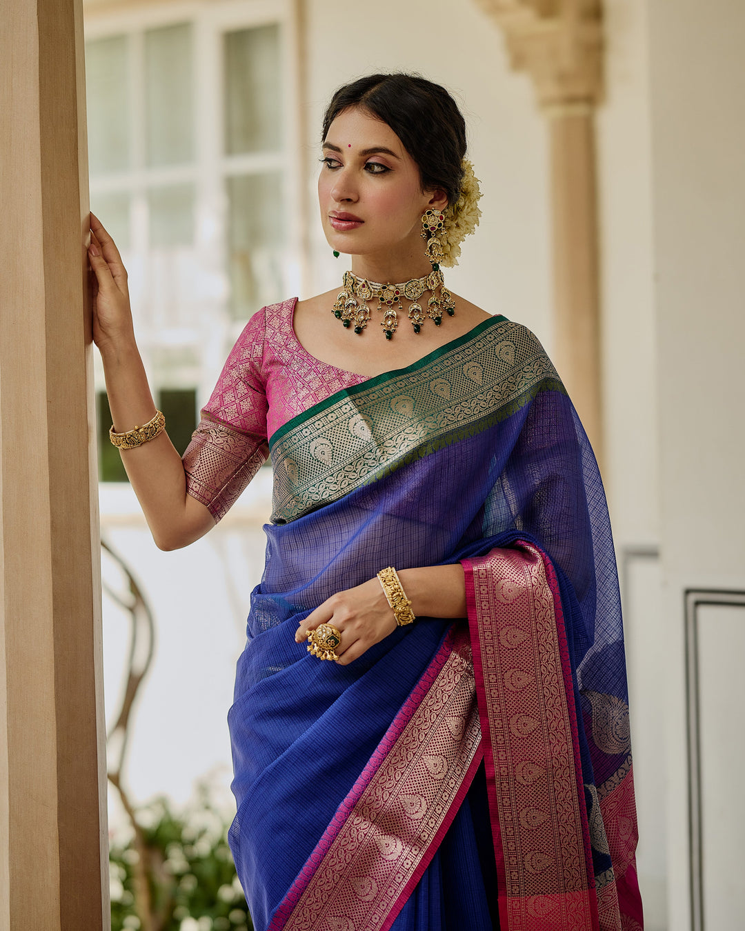 Regal Blue Pink Doria Butta Border Saree