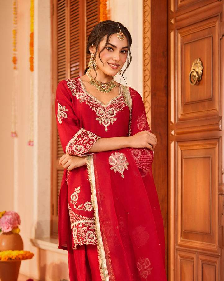 Shubhika Red Embroidered Chanderi Farsi Salwar Set