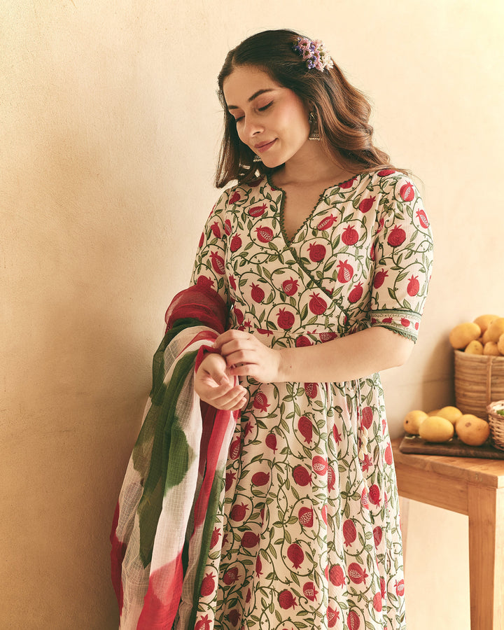 Yulia White Cotton Crush Printed Suit Set