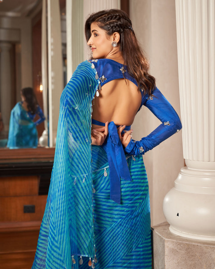 Neeru Blue Leheriya Organza Pre Draped Saree