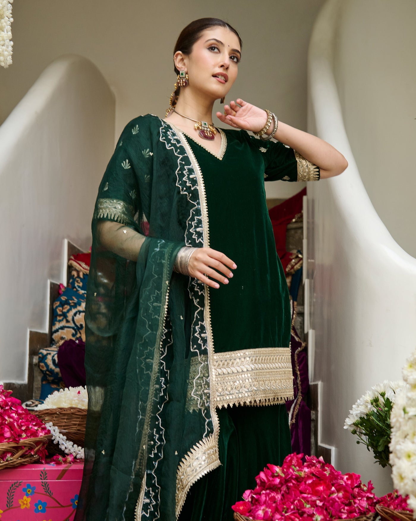 Nila Green Embroidered Velvet Sharara Set