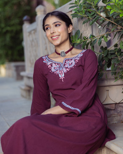 Chic Brown Embroidered Flex Kurta Set
