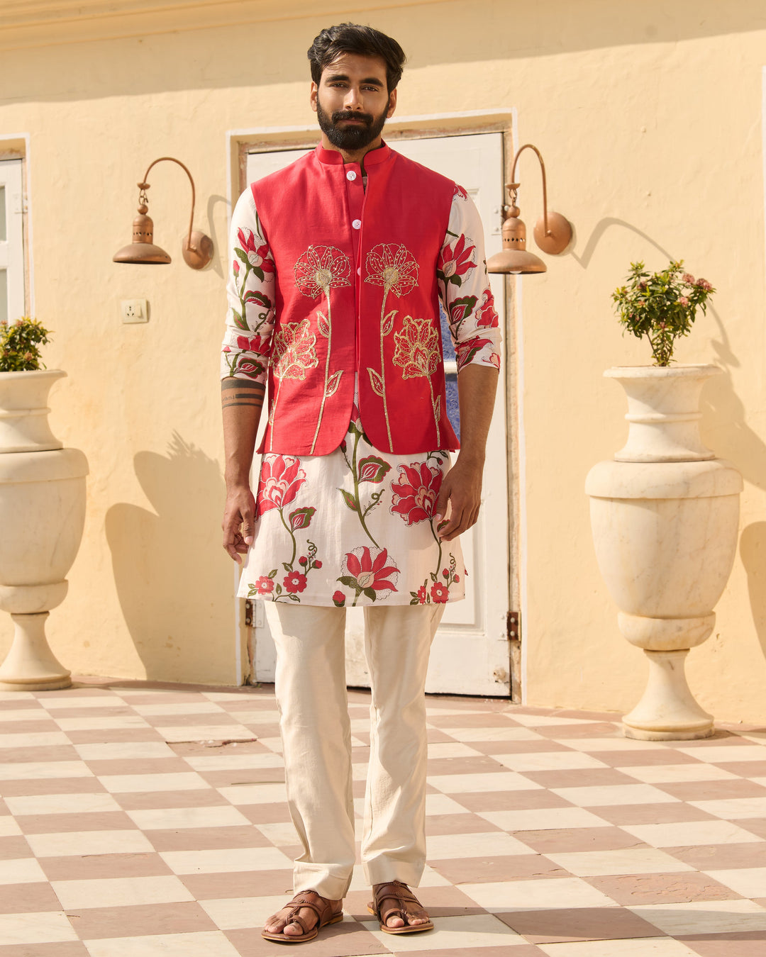Nirav Pink Embroidered Chanderi Jacket And Printed Kurta Set