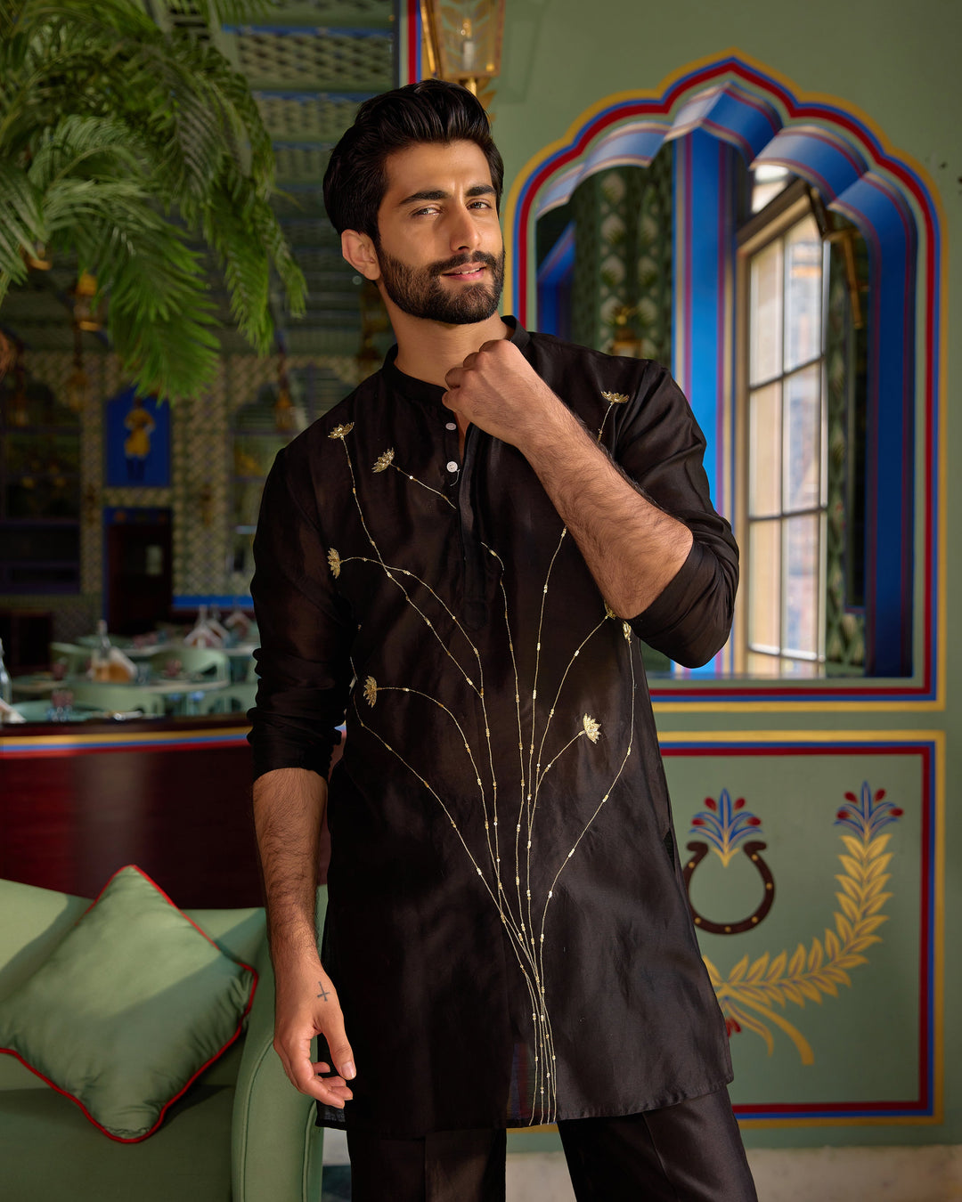 Shankar Black Chanderi Embroidered Kurta