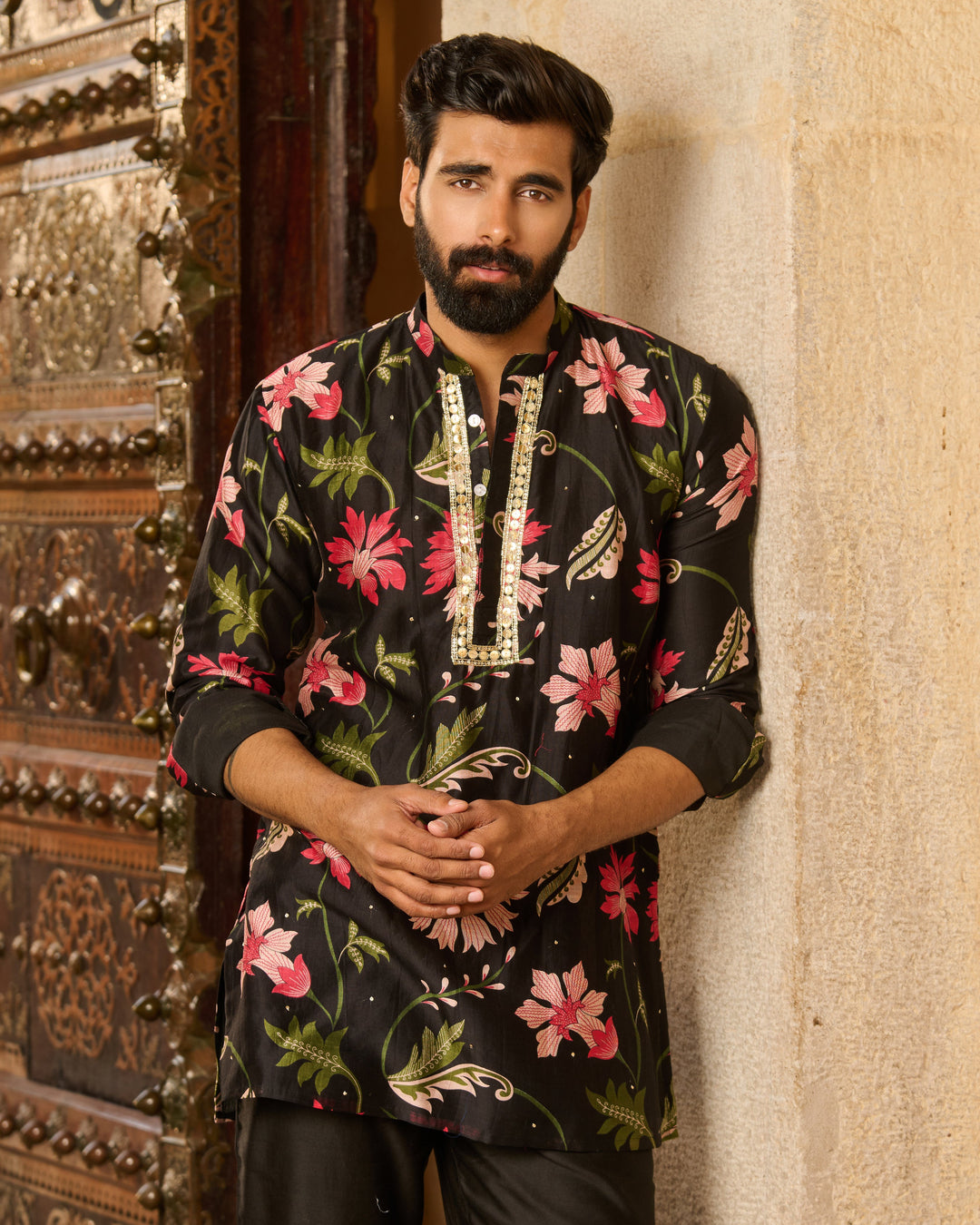 Keshav Black Printed Chanderi Kurta