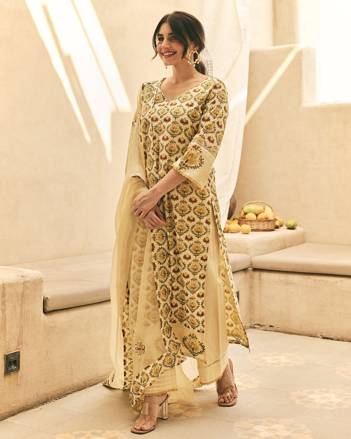 Ivara Yellow Cotton Printed Suit Set