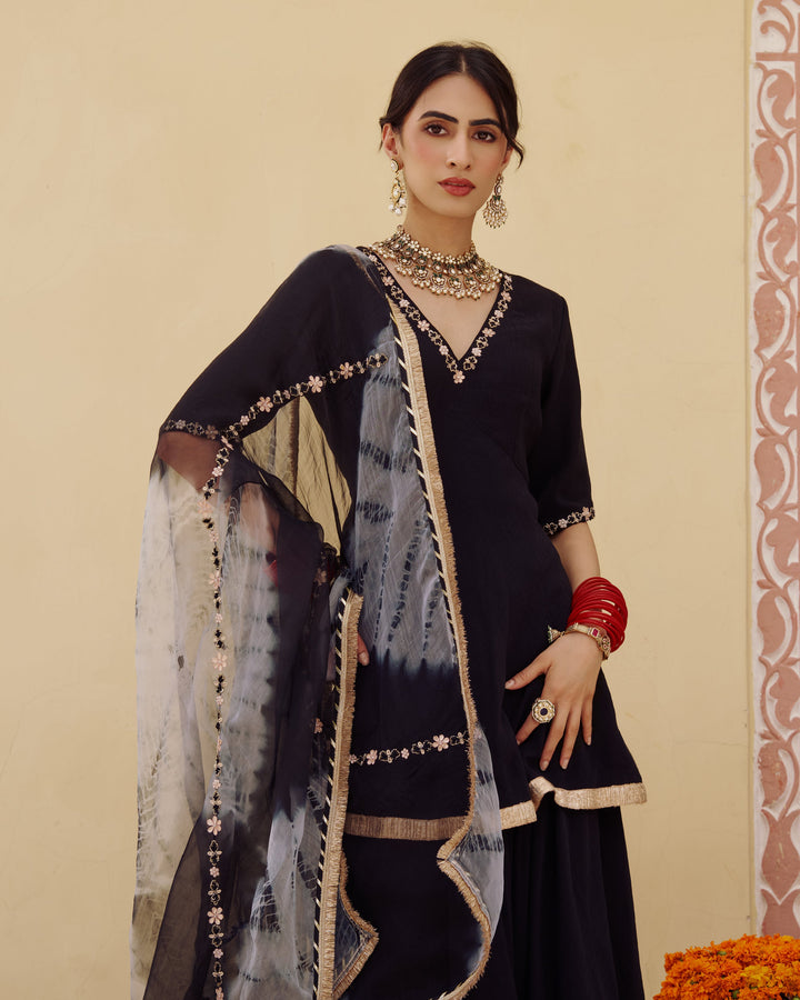 Indu Black Embroidered Chanderi Suit Set